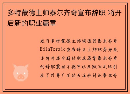 多特蒙德主帅泰尔齐奇宣布辞职 将开启新的职业篇章