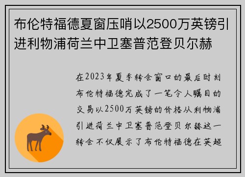 布伦特福德夏窗压哨以2500万英镑引进利物浦荷兰中卫塞普范登贝尔赫